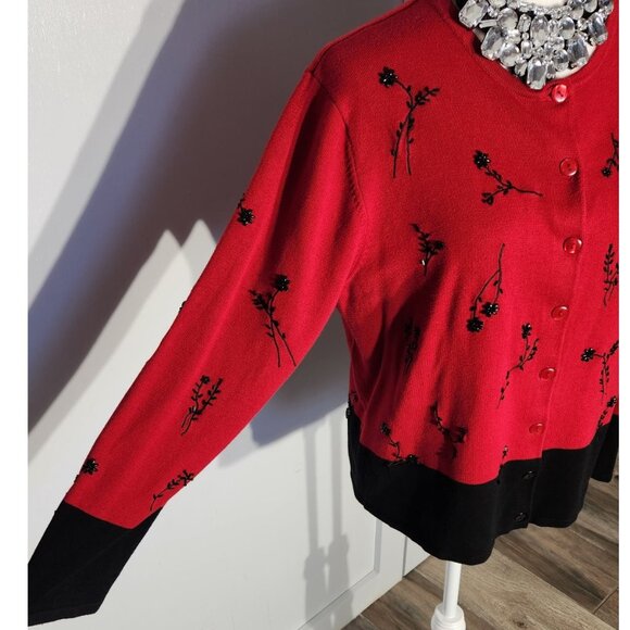 DRESSBARN SWEATER COLOR RED/BLACK LONG SLEEVE ACRYLIC/COTTON SIZE L - Picture 3 of 8